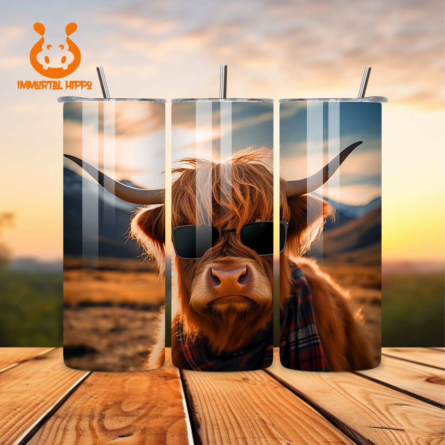 HIGHLAND COW IN SHADES TUMBLER