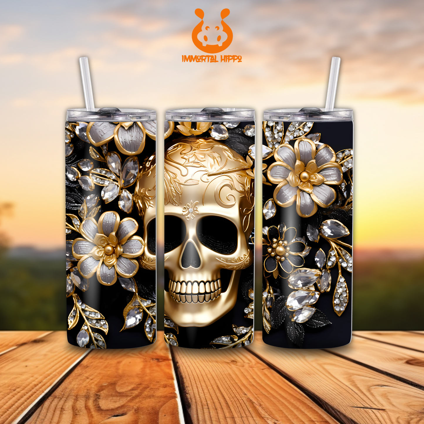 GOLD FLOWER SKULL TUMBLER