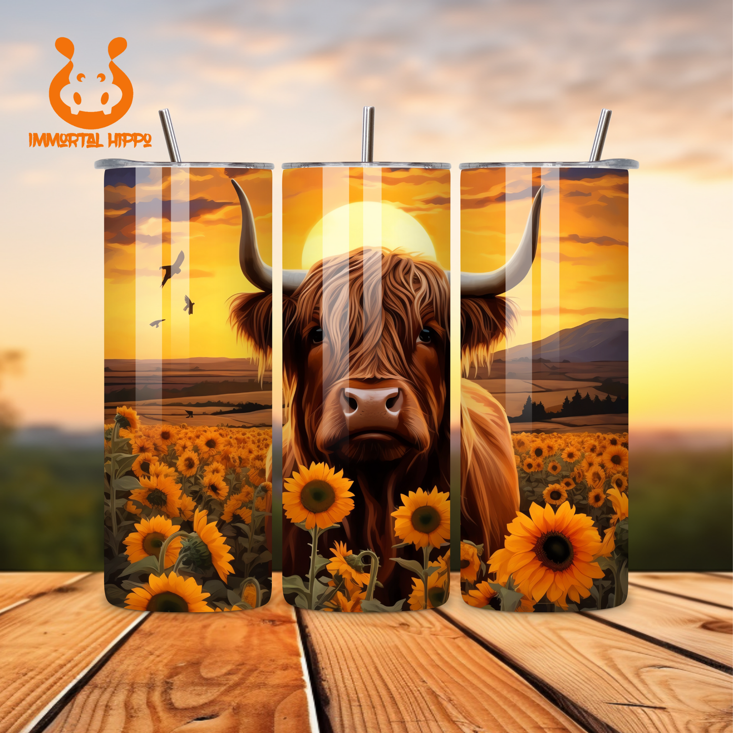 HIGHLAND COW WITH SUNFLOWERS