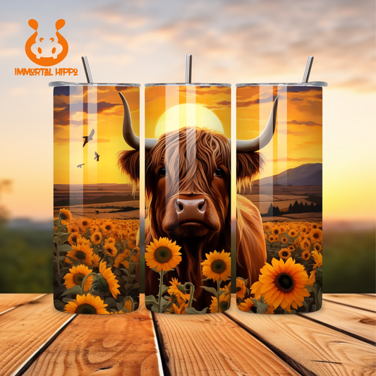 HIGHLAND COW WITH SUNFLOWERS